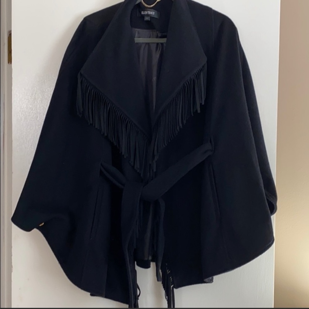 Ellen Tracy Faux Suede Frindge Belted Cape